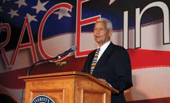 Julian Bond giving a speech at the Race in America Conference